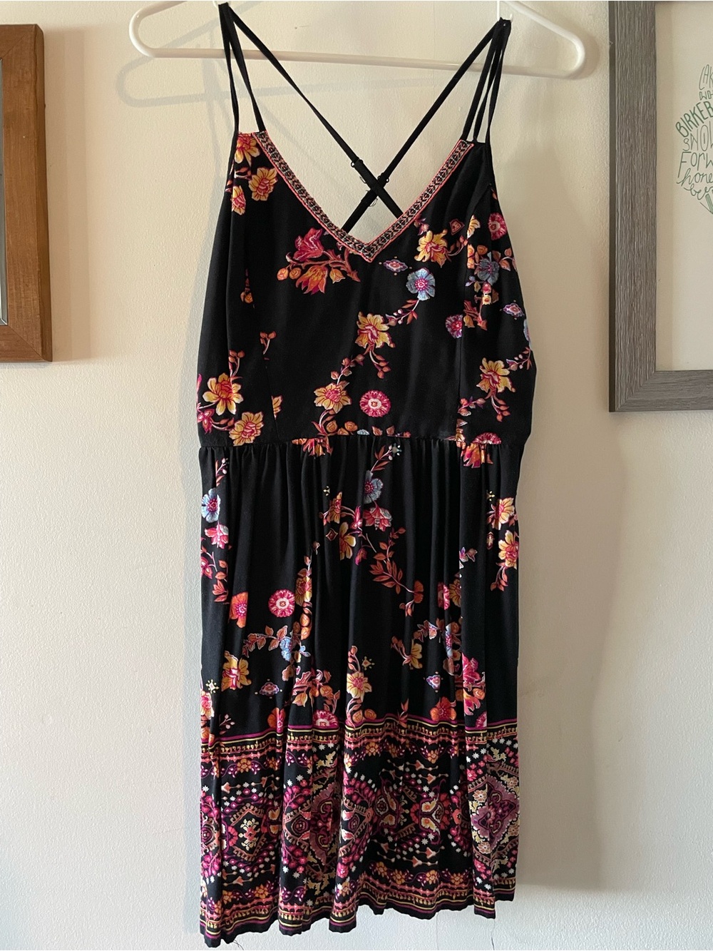 Xhilaration Black Floral V-Neck Dress with Embroidered Trim
